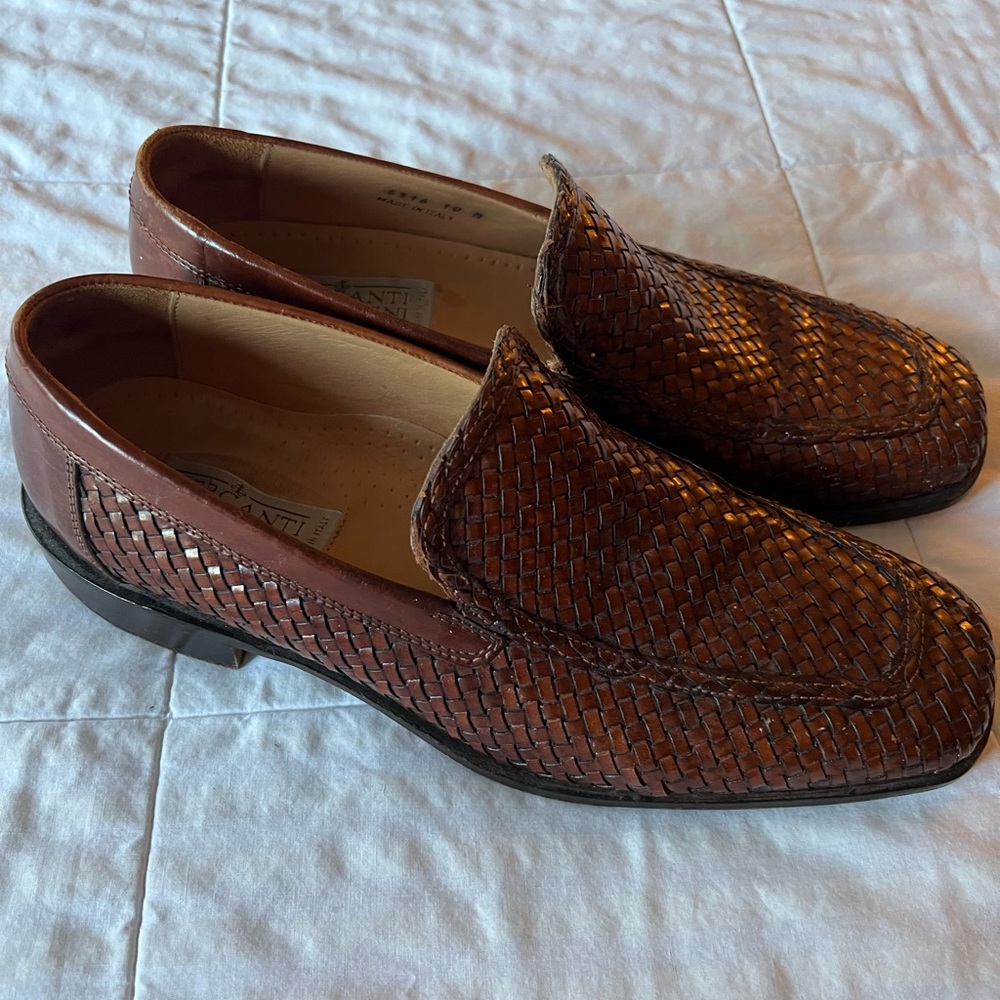 Men's Mercanti Forentini Brown Leather Shoes 10 10M Slip on Woven Made Italy